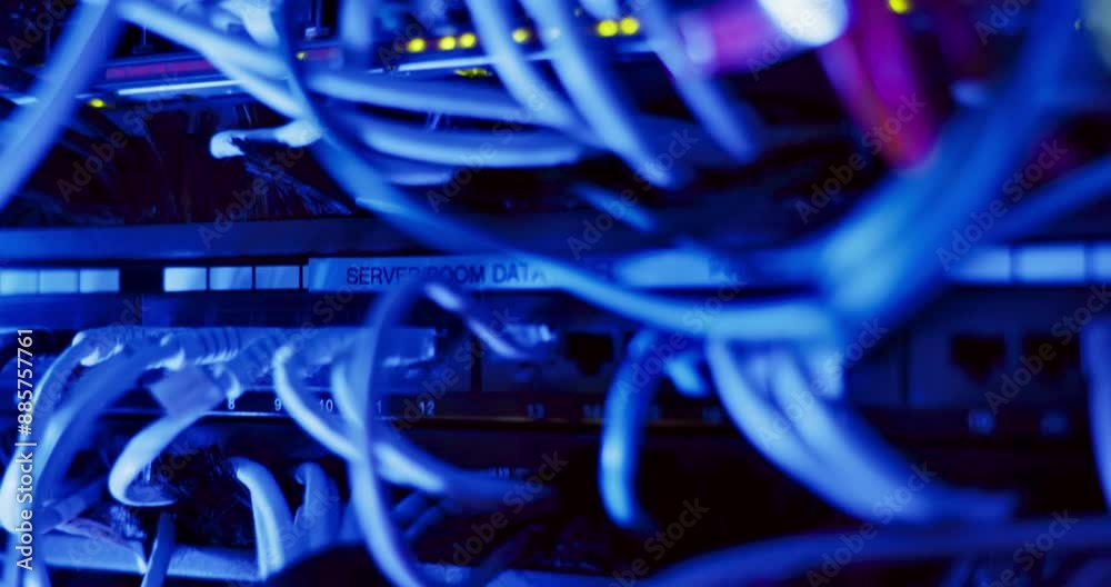 Poster Computer engineering, data centre and server room for network infrastructure and protection of company information. Business, IT support and modern internet, neon and rows of wires for connection