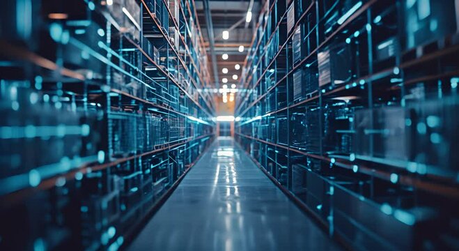Modern warehouse with advanced warehouse management system characterized by digital overlays and data connections. Visual representation of data connections integrated system wit real-time information