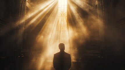Obraz premium inematic photographs of a young man kneeling down and lifting up his arms high with gratitude to Jesus