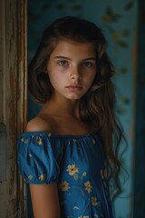 A young girl wearing a blue dress stands in a doorway, perfect for use as a background or prop in various scenes