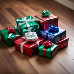 Fototapeta premium New Year's holiday in detail: shiny gift boxes on a wooden floor create an atmosphere of magic and joy 