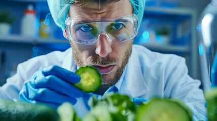 Quality control. Food inspector examining cucumber in laboratory, closeup