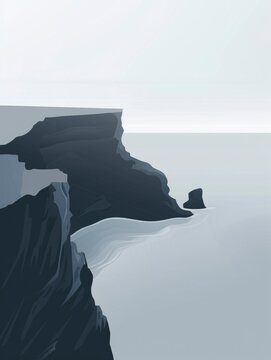 Minimalist seascape with dark rocky cliffs and calm ocean waters