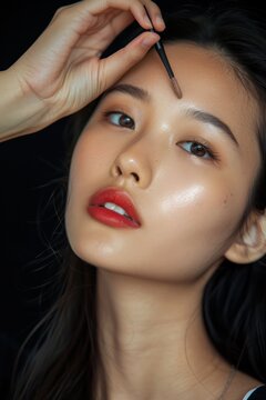 Asian model woman applies concealer with fingers in beauty studio. Dark background highlights her facial features. Close-up shot captures gentle moment of pause or contemplation.