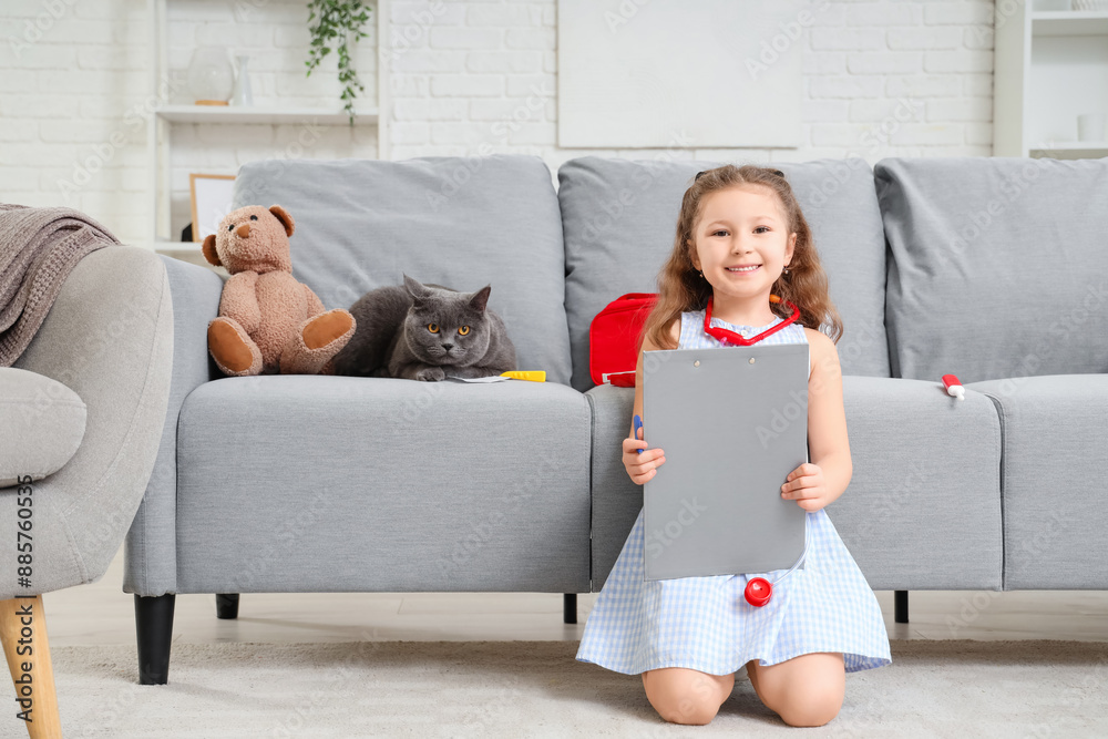 Sticker British cat visiting cute little girl with first aid kit and clipboard at home