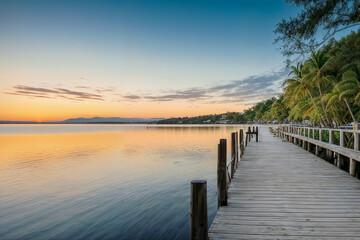 Fototapeta premium a boardwalk and sunset over water