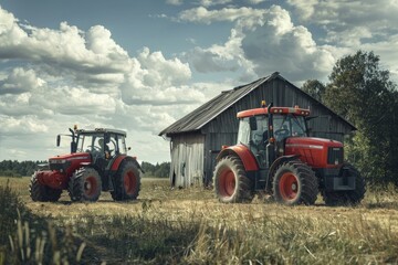 Naklejka premium Vintage and modern tractors parked beside an old barn in a pastoral field, showcasing rural life