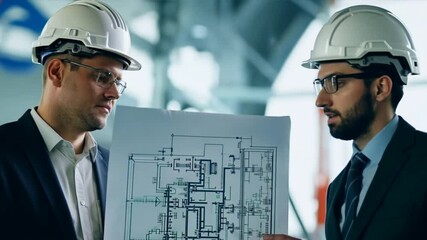 Detailed shot of two engineers in hardhats discussing a blueprint, with machinery in the background.