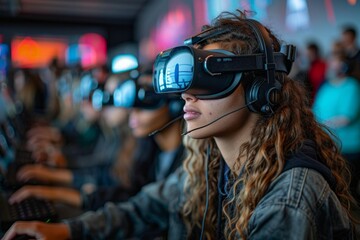 Students in a futuristic classroom using VR headsets and advanced tech devices, exploring interactive digital worlds and cutting-edge educational tools. Generative AI