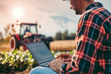Modern agriculture concept with a farmer analyzing data on a laptop with a tractor in the background