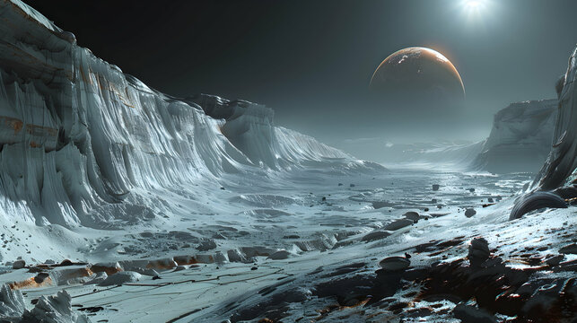  A dystopian solar planet with a surface scarred by massive craters and abandoned mines