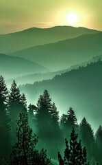 Fototapeta premium Green mountain landscape with pine trees in the foreground
