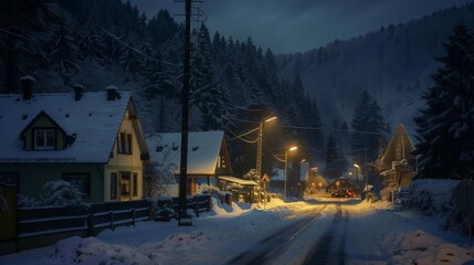 Fototapeta premium dark night, housing street, inside harz mountains in germany, winter, coniferous forest in background, photorealism