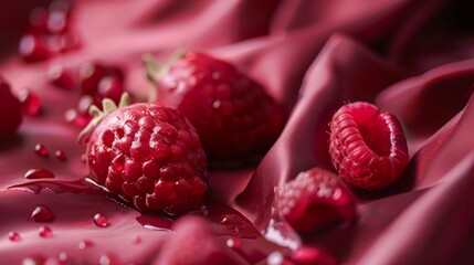Close-Up of Fresh Raspberries on Red Satin