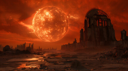 Fototapeta premium A dystopian solar planet with a bleak, desolate landscape and a dark red sky