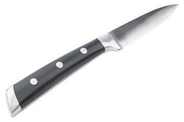 Knife. Stainless steel Knife with black handle. New chef or butcher knife. Professional equipment on kitchen. Knife for slice vegetable or meat. One piece of kitchenware, cookware. Table setting