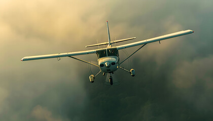 Fototapeta premium Private Small airplane. Small Aircraft in fly action above Summer mountains background. Hight view. Natural Morning light and shadows. Sunrise time. Foggy.
