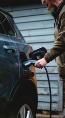 Person refuels car at garage with gas pump. Car hood open showing interior. Wooden fence and gray building in background. Man inserts electric car charger plug into charging socket.