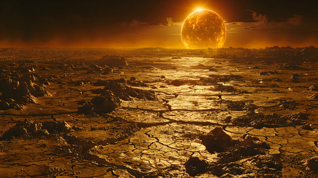  A dystopian solar planet with a barren surface and a dim, fading sun
