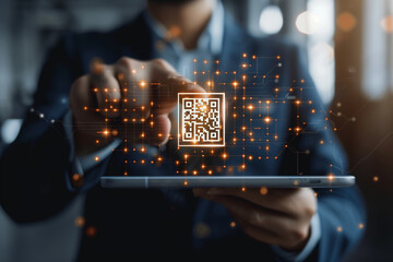 A Businessman's Fingertip Navigates the Digital Landscape Through a Glowing QR Code