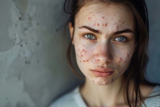 Portrait of a young woman with acne. Showcasing her natural beauty and confidence in her imperfection and vulnerability. Looking at the camera with a clear. Unretouched complexion