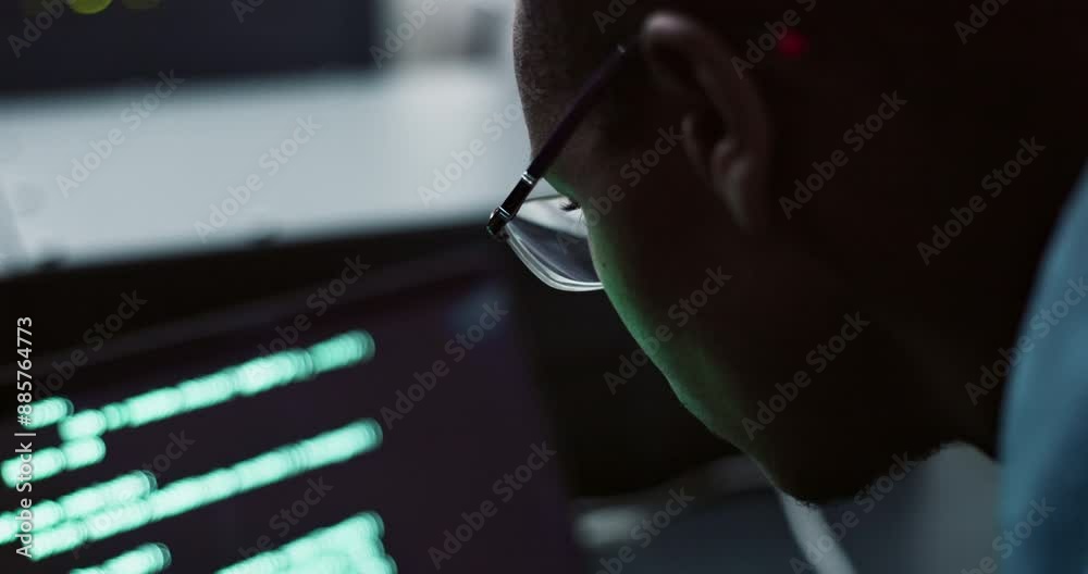 Wall mural Black man, glasses and computer with coding in office for cybersecurity, software update or development. Programmer, pc and testing at workplace for information technology, data and surveillance