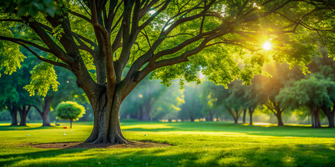 Fototapeta premium Sunbeams Through Tree Branches in Park.