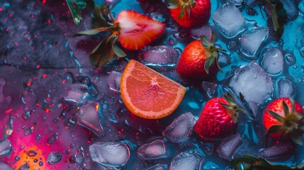 Fototapeta premium Fruits and Ice Cubes on Colorful Background