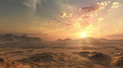 Naklejka premium Sunrise over a vast desert landscape with light illuminating distant mountains and soft clouds