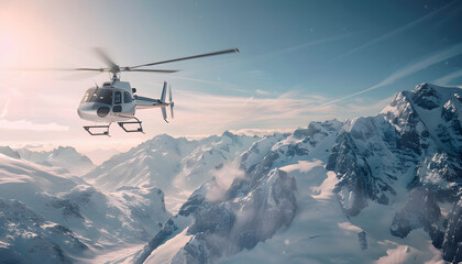 Private Small Helicopter in fly action above Snowy Mountains background. Snow Mountains, Natural day light and shadows, Winter time.