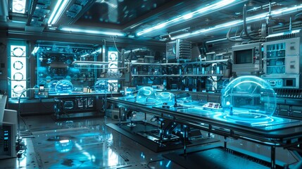 Fototapeta premium Futuristic laboratory with advanced technology, illuminated by neon lights, showcasing scientific experimentation and innovation at night