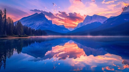 Fototapeta premium Wide view of a mountain lake at dawn. 