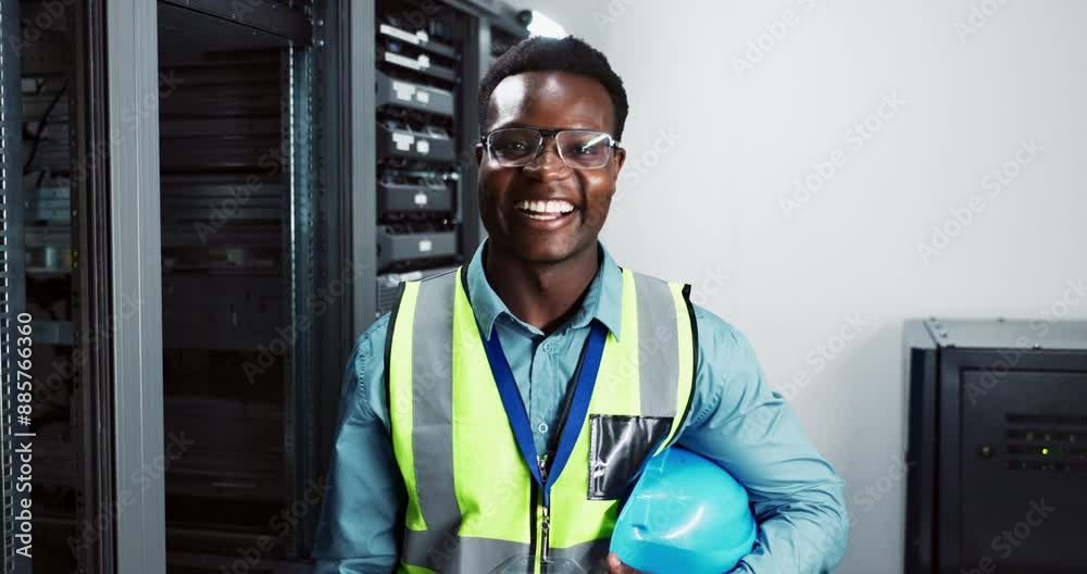 Aufkleber face, smile and engineer black man in server room for database maintenance, safety or repair. portra
