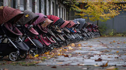 "A line of strollers parked outside a facility."