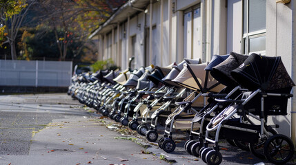 "A line of strollers parked outside a facility."