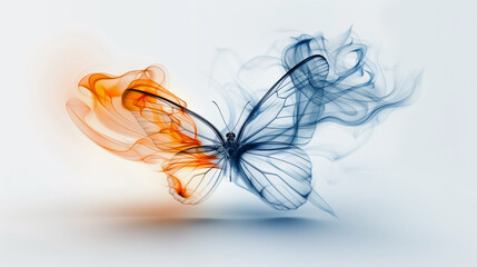 Abstract Butterfly with Orange and Blue Swirling Smoke on White Background
