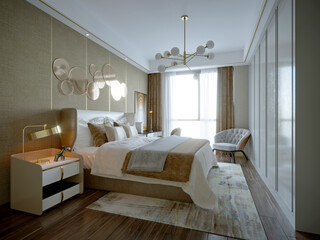 3d render of luxury hotel room, bedroom