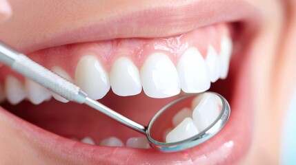 A woman's teeth are being cleaned with a dental mirror. Concept of cleanliness and good oral hygiene
