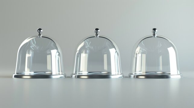 Three transparent glass cloches sit on a table, providing a minimalist decor