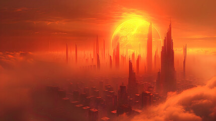 Naklejka premium A dystopian solar planet with towering skyscrapers under a red sun