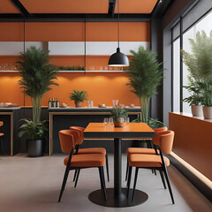 Fototapeta premium Modern and modern orange-toned restaurant interiors with plant pots arranged everywhere