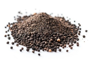 A pile of black pepper on a clean white surface, ideal for use in photography and graphic design