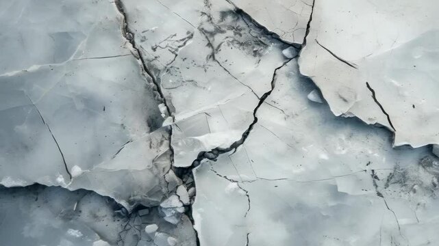 Close-up of a cracked ice surface, revealing detailed fissures and patterns. The ice is a mix of white and gray hues, indicating possible melt and refreeze cycles. The image captures the essence of
