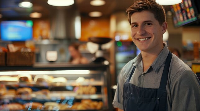 Bakery employee happily posing in front of display case full of delicious baked goods