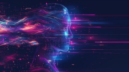Obraz premium Digital human silhouette with flowing data and bright neon colors on a dark background. Concept for technology, artificial intelligence, and futuristic themes, suitable for tech events and sci-fi