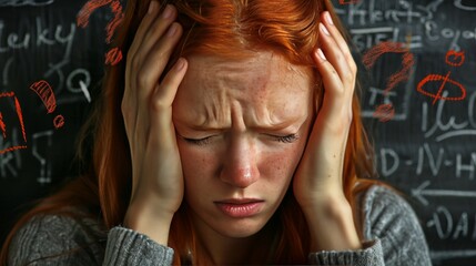 Stressed Teen Girl with Math Problem on Chalkboard, Education and Learning Difficulties Concept