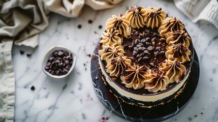 Fototapeta premium Scrumptious chocolate cake with creamy frosting and chocolate shavings