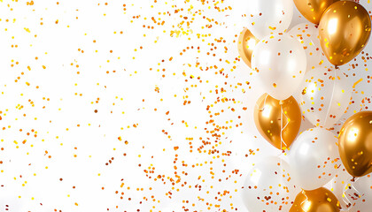 Celebration banner with simple gold confetti and balloons isolated on a white background.