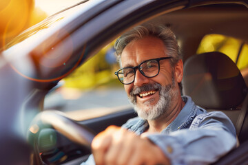 Portrait of happy senior man in eyeglasses driving a car
