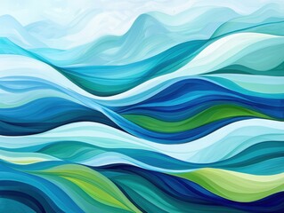 An abstract landscape with flowing lines and organic shapes, using a cool color palette of blues and greens, evoking a sense of calm and tranquility.